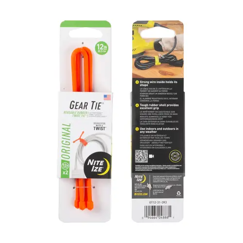 Nite Ize Gear Tie reusable rubber twist tie packaging showcasing strong bendable wire and grippy exterior in bright orange.